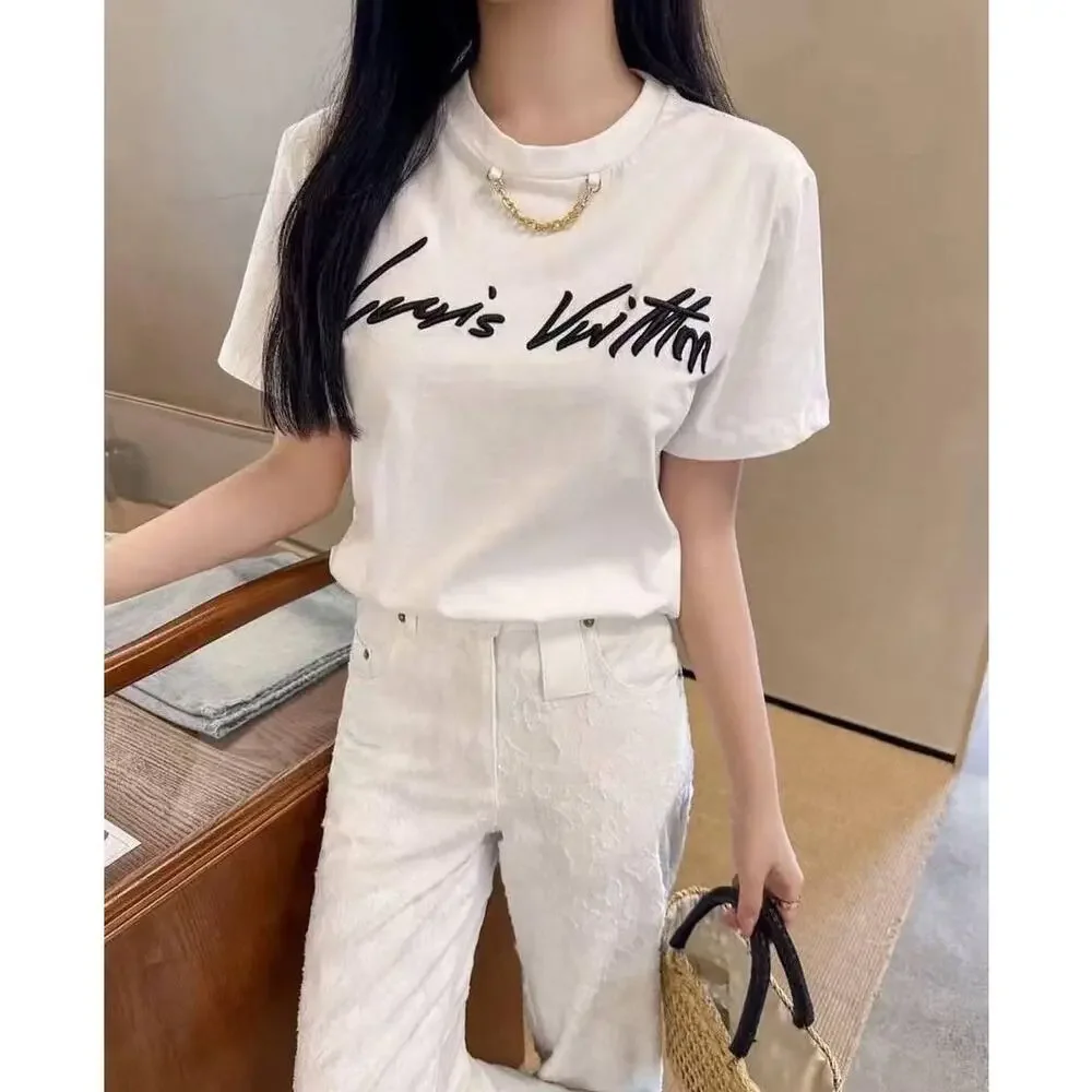 LOUIS VUITTON Cursive Signature T-Shirt White Black Large Medium Women 1AII22
